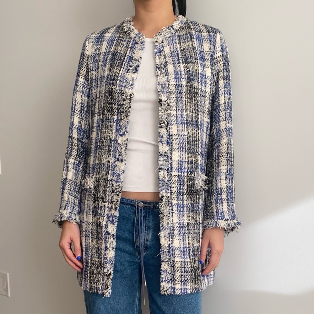 Zara blue plaid tweed textured jacket coat - Picture 5 of 8